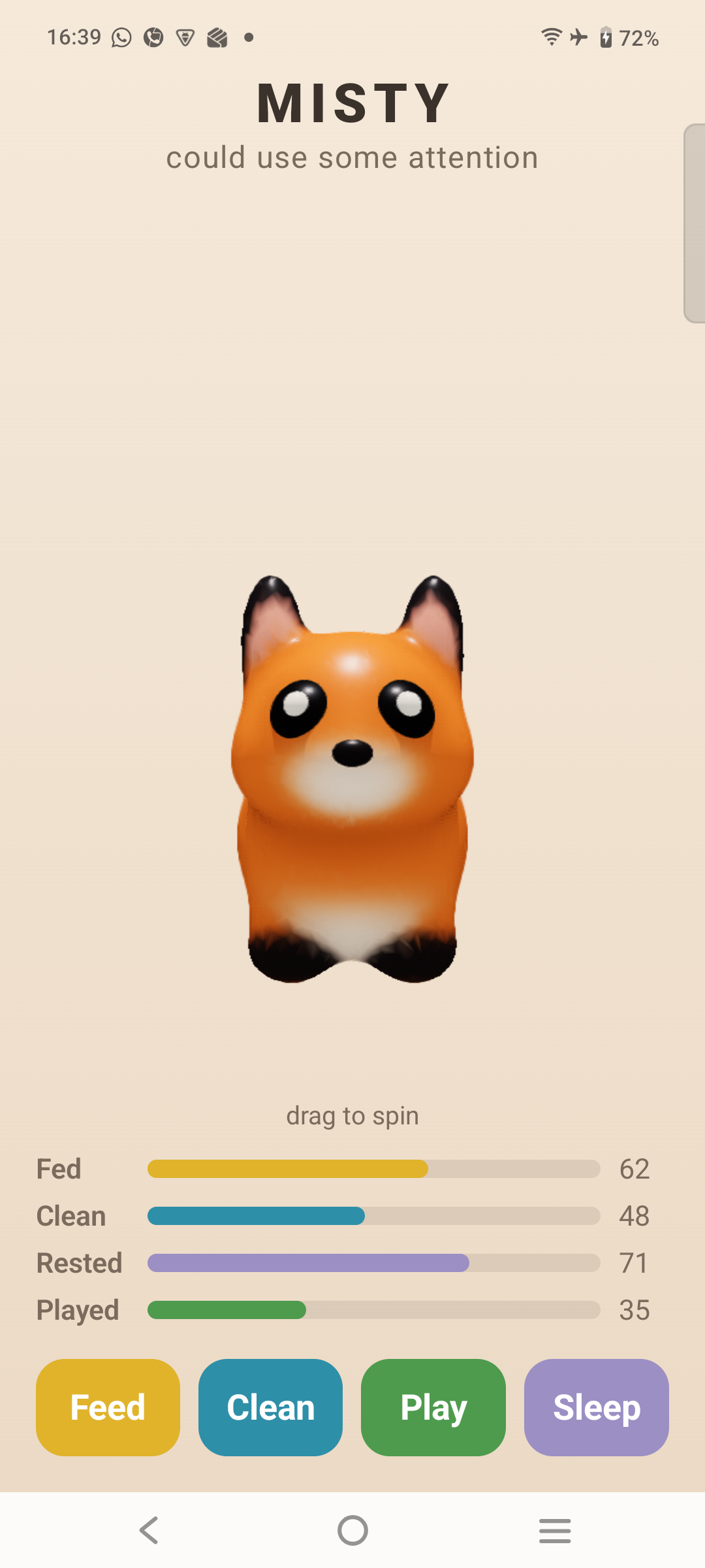 Sidekin running on a phone, showing a 3D creature with care meters underneath
